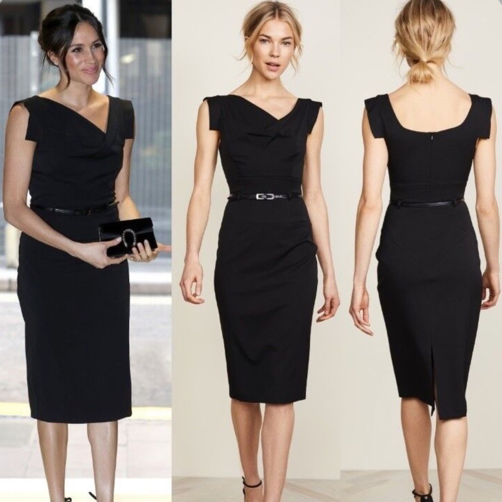 BLACK HALO ICONIC Black Jackie O Belted Sheath Dress 6 Gabardine Stretch - Picture 3 of 9